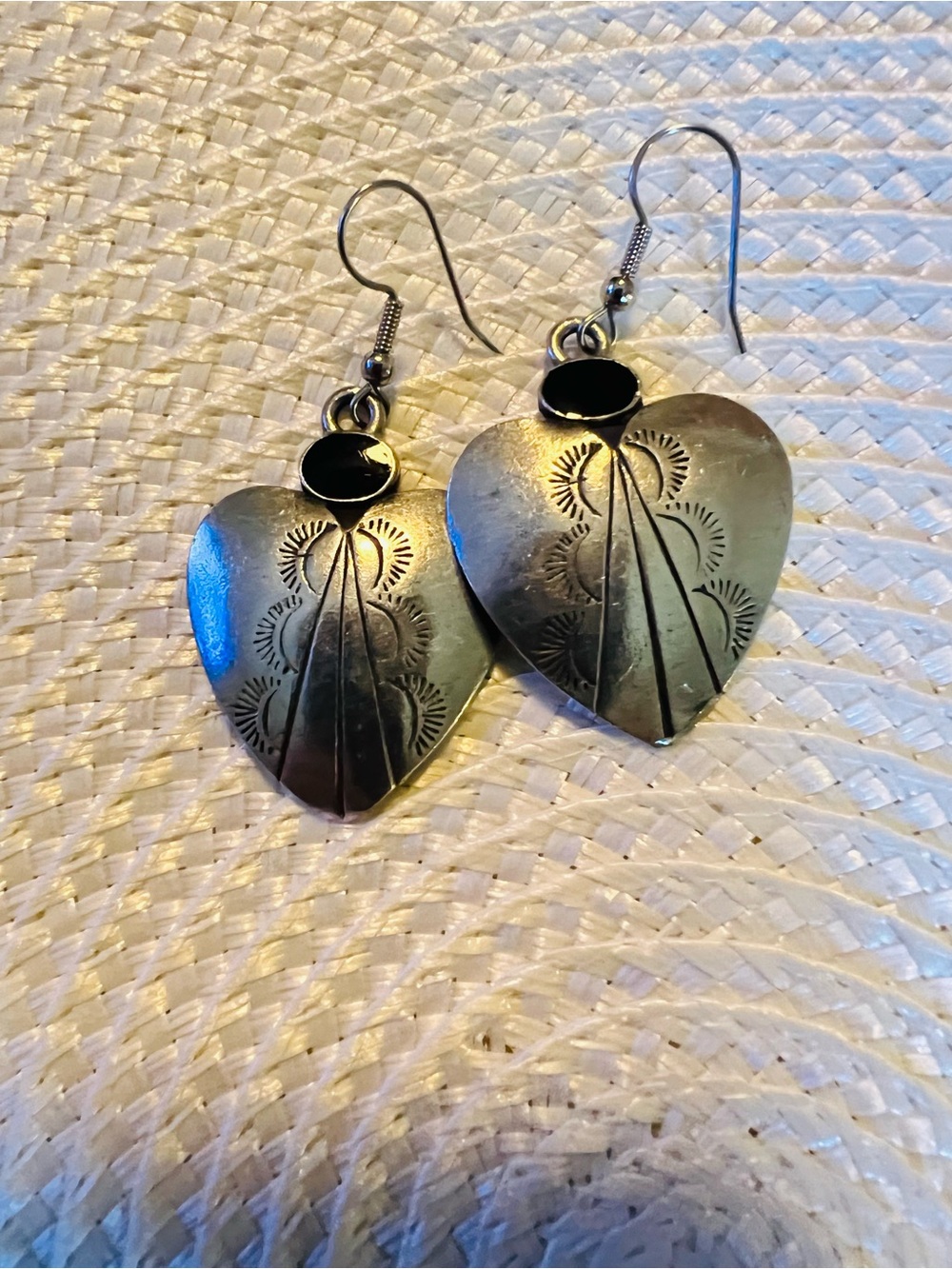 Vintage Native Sterling Silver Heart Drop Earrings with Black Onyx Accent